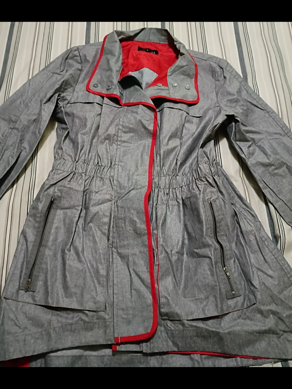 Luii Gray Trench Coat with Red Trim